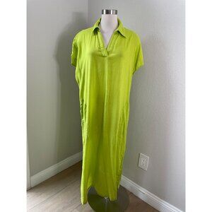 Tahari‎ Womens XL Lime Green Linen Rayon Midi Dress Short Sleeve Pockets Casual